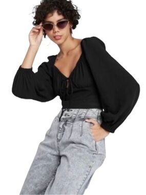 Puff-Sleeve Tie-Front Cropped Blouse